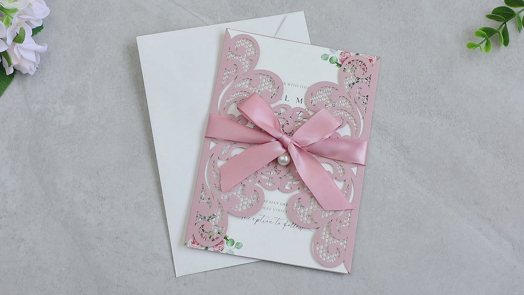 PONATIA 20 PCS Dusty Rose Laser Cut Invitation Cards with Ribbons and Rhinestone Pearls