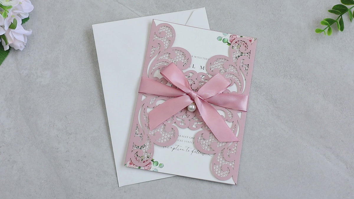 PONATIA 20 PCS Dusty Rose Laser Cut Invitation Cards with Ribbons and Rhinestone Pearls