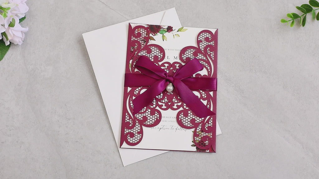PONATIA 20 PCS Burgundy Laser Cut Invitation Cards with Ribbons and Rhinestone Pearls