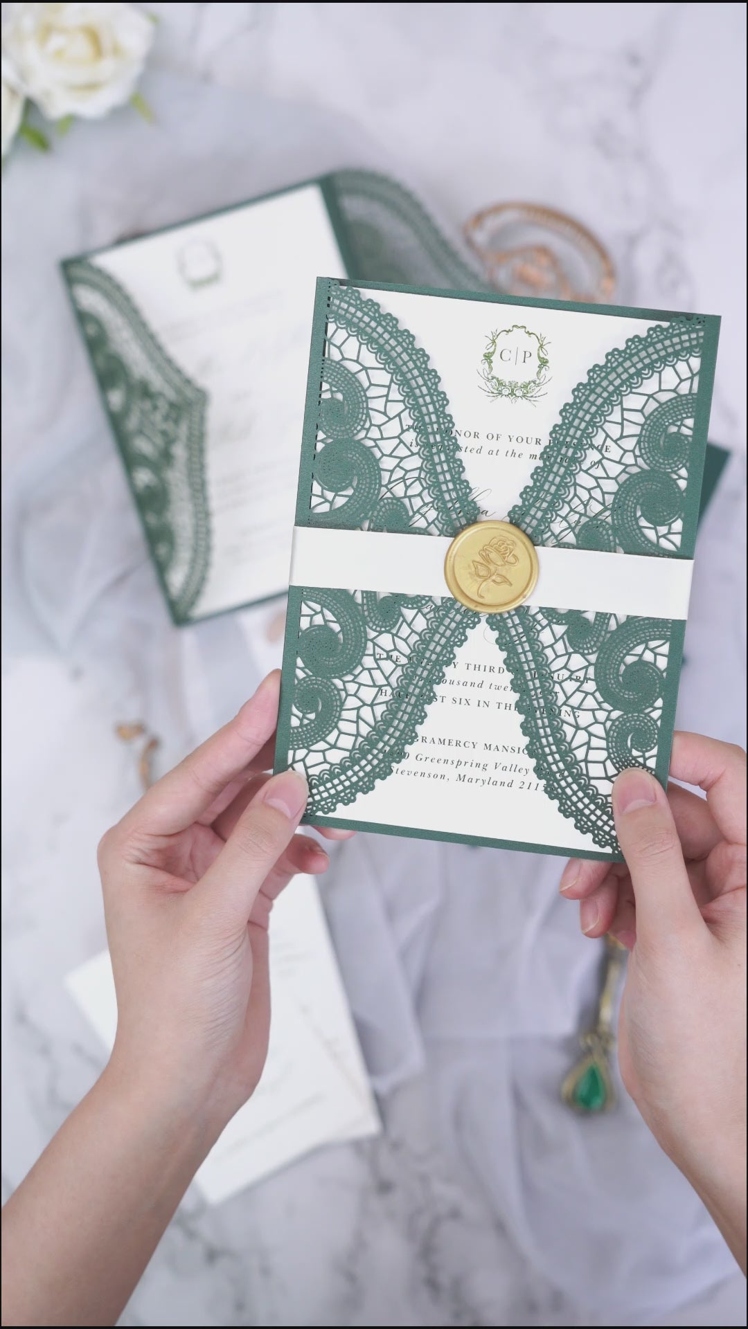 PONATIA Emerald Green Laser Cut Invitation Cards with Ivory Belly Band and Wax Seal