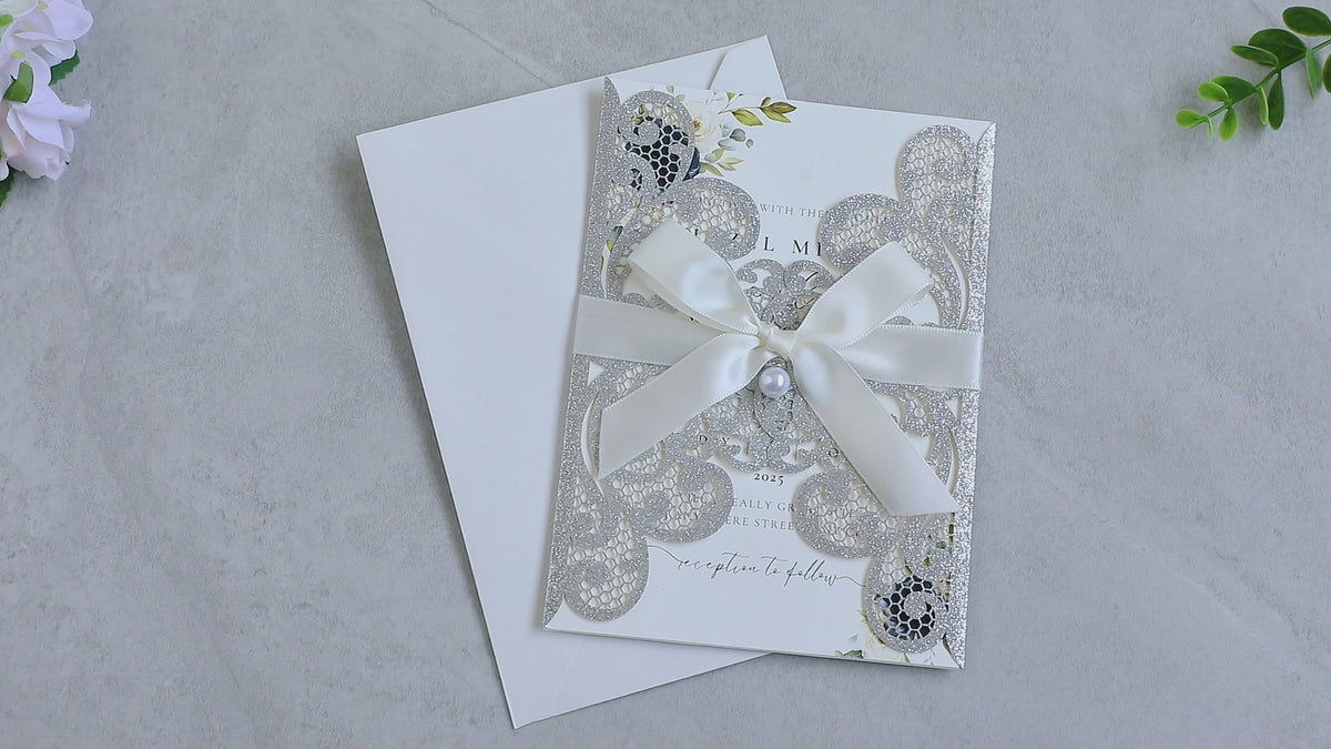 PONATIA 20 PCS Sliver Laser Cut Invitation Cards with Ribbons and Rhinestone Pearls