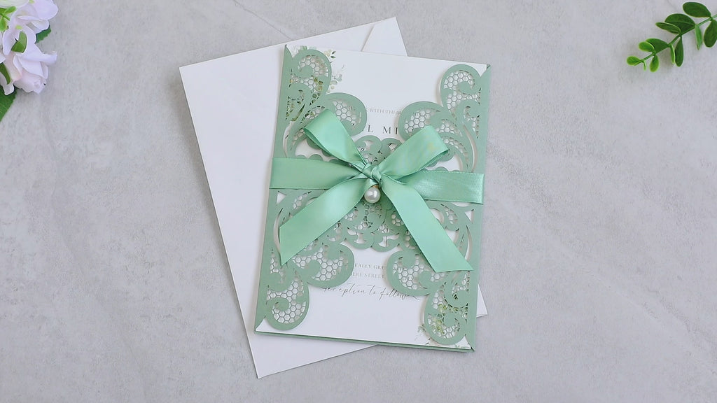 PONATIA 20 PCS Sage Green Laser Cut Invitation Cards with Ribbons and Rhinestone Pearls