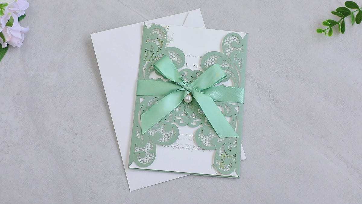 PONATIA 20 PCS Sage Green Laser Cut Invitation Cards with Ribbons and Rhinestone Pearls