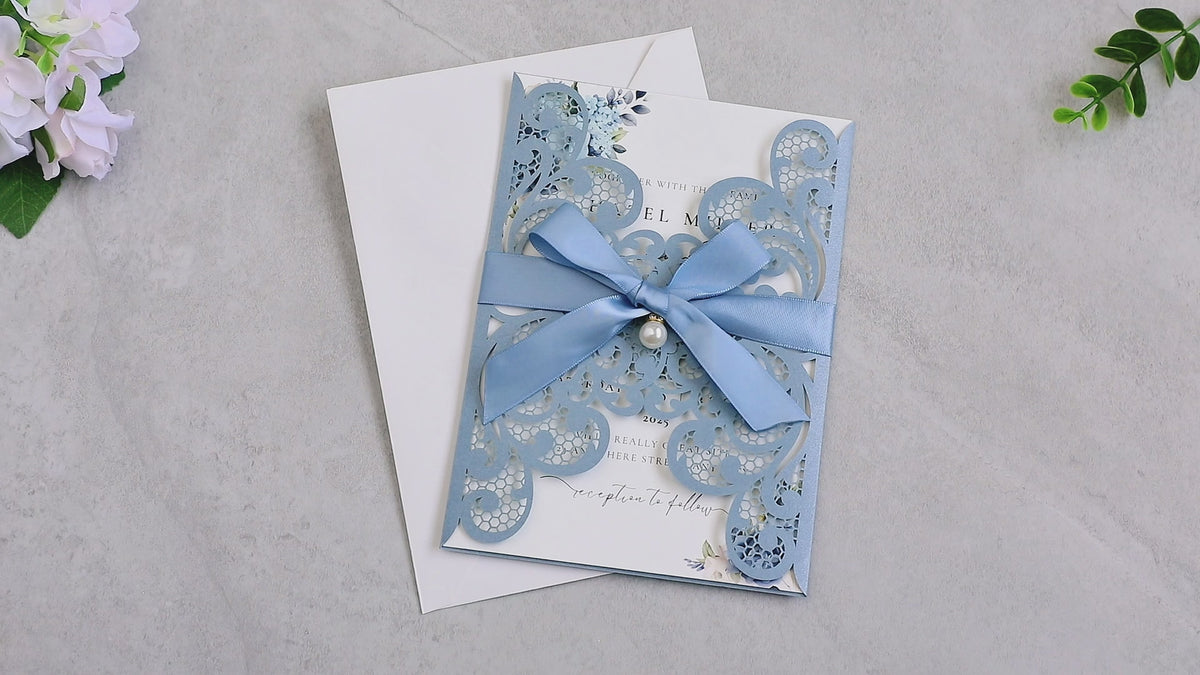 PONATIA 20 PCS Dusty Blue Laser Cut Invitation Cards with Ribbons and Rhinestone Pearls