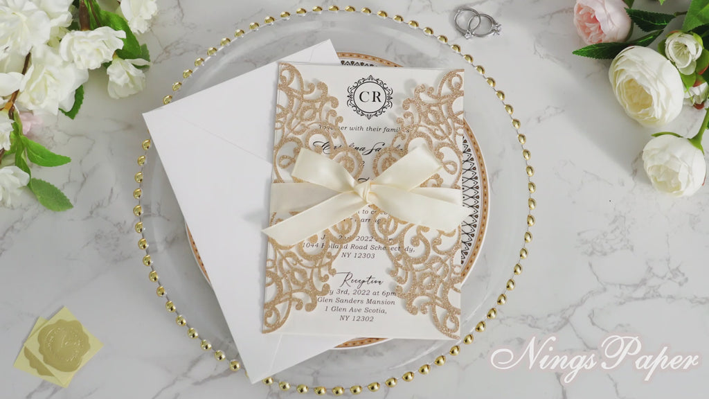PONATIA Gold Glitter Laser Cut Wedding Invitations Cards with Ivory Bow-knot