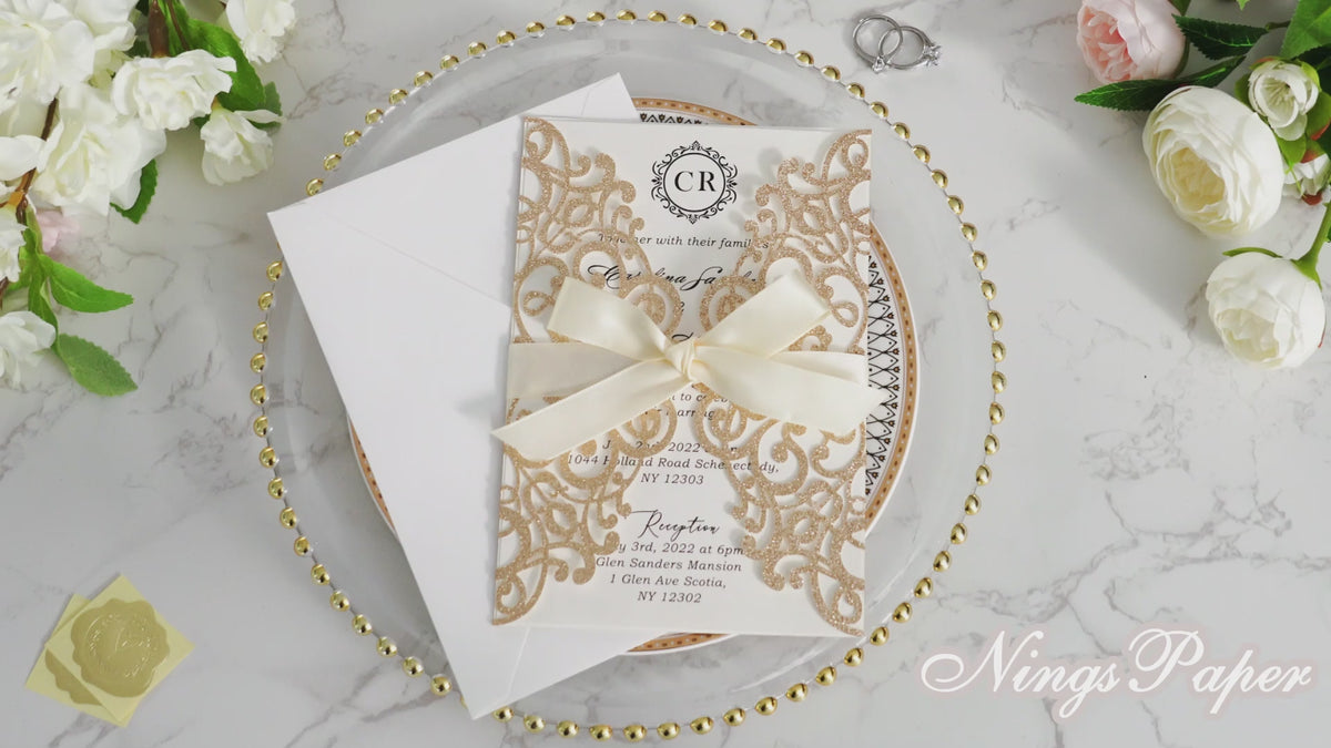 PONATIA Gold Glitter Laser Cut Wedding Invitations Cards with Ivory Bow-knot