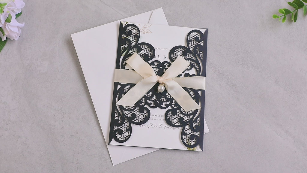 PONATIA 20 PCS Black Laser Cut Invitation Cards with Ribbons and Rhinestone Pearls