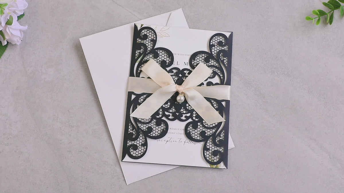 PONATIA 20 PCS Black Laser Cut Invitation Cards with Ribbons and Rhinestone Pearls