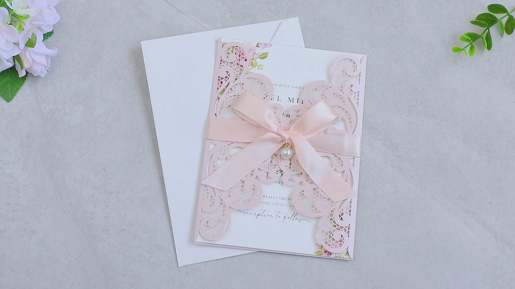 PONATIA 20 PCS Blush Pink Laser Cut Invitation Cards with Ribbons and Rhinestone Pearls