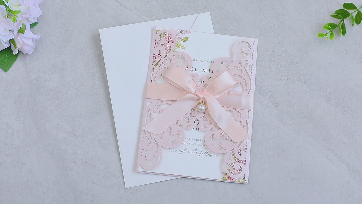PONATIA 20 PCS Blush Pink Laser Cut Invitation Cards with Ribbons and Rhinestone Pearls