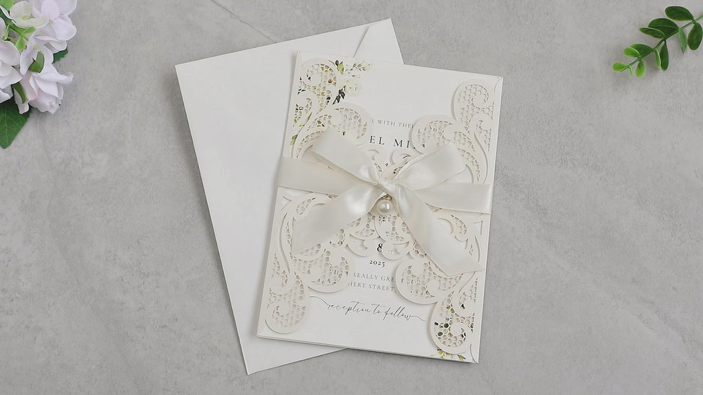 PONATIA 20 PCS Ivory Laser Cut Invitation Cards with Ribbons and Rhinestone Pearls