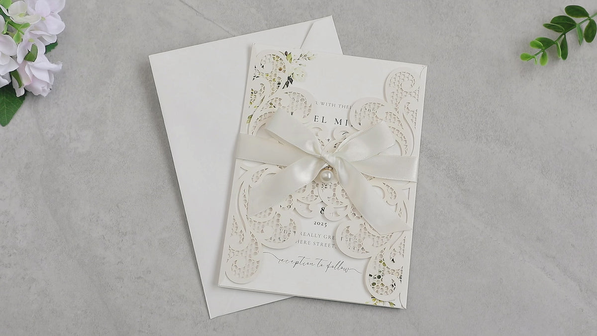 PONATIA 20 PCS Ivory Laser Cut Invitation Cards with Ribbons and Rhinestone Pearls
