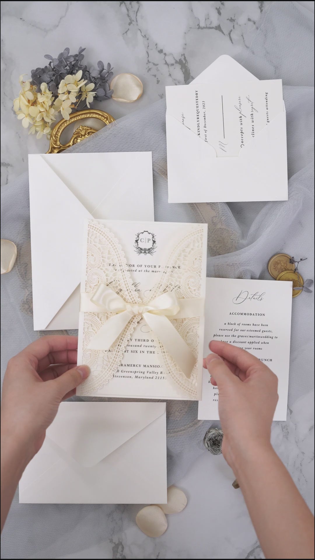 PONATIA Ivory Laser Cut Invitation Cards with Ivory Belly Band and Wax Seal