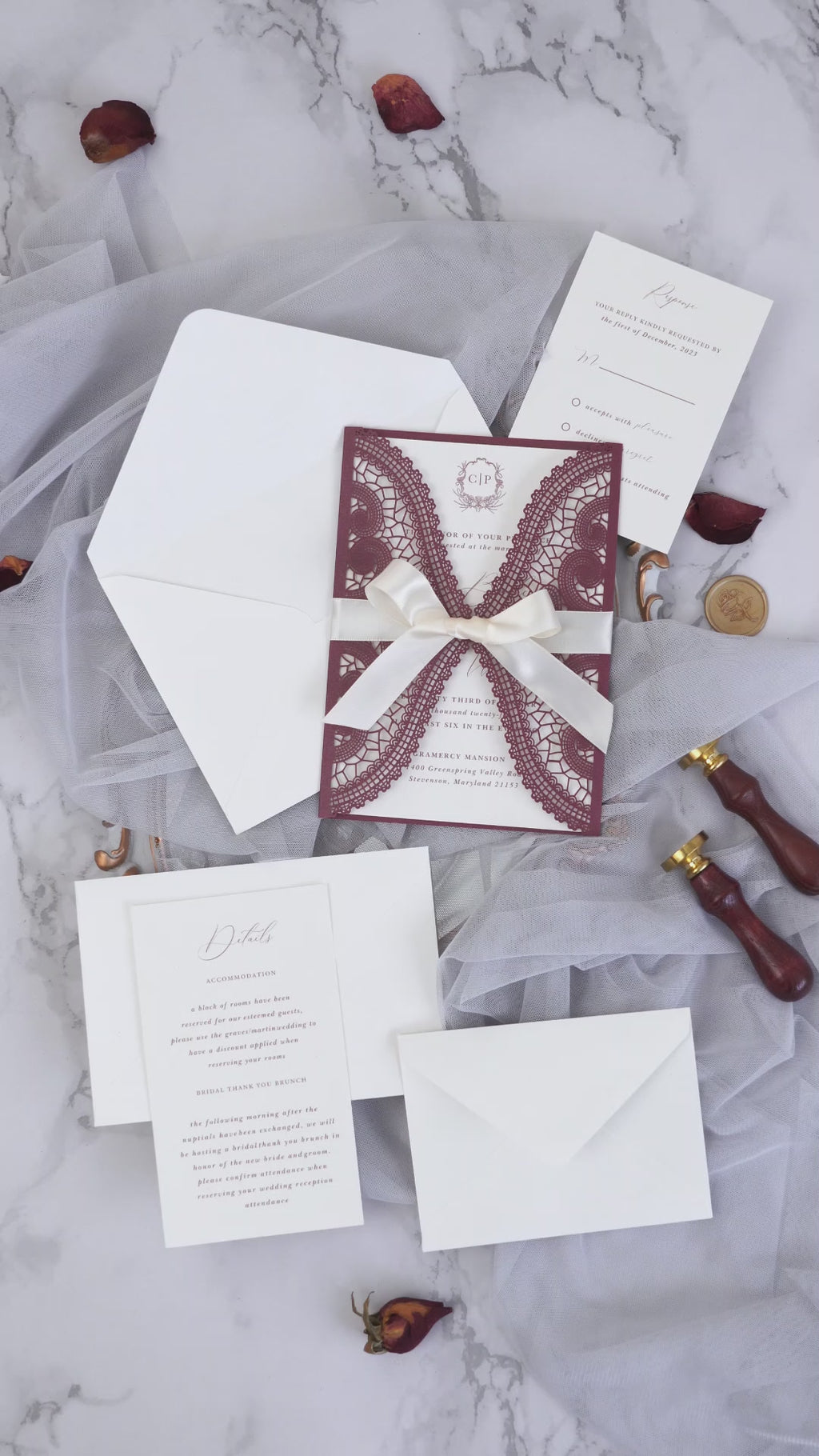 PONATIA Burgundy Laser Cut Invitation Cards with Ivory Belly Band and Wax Seal