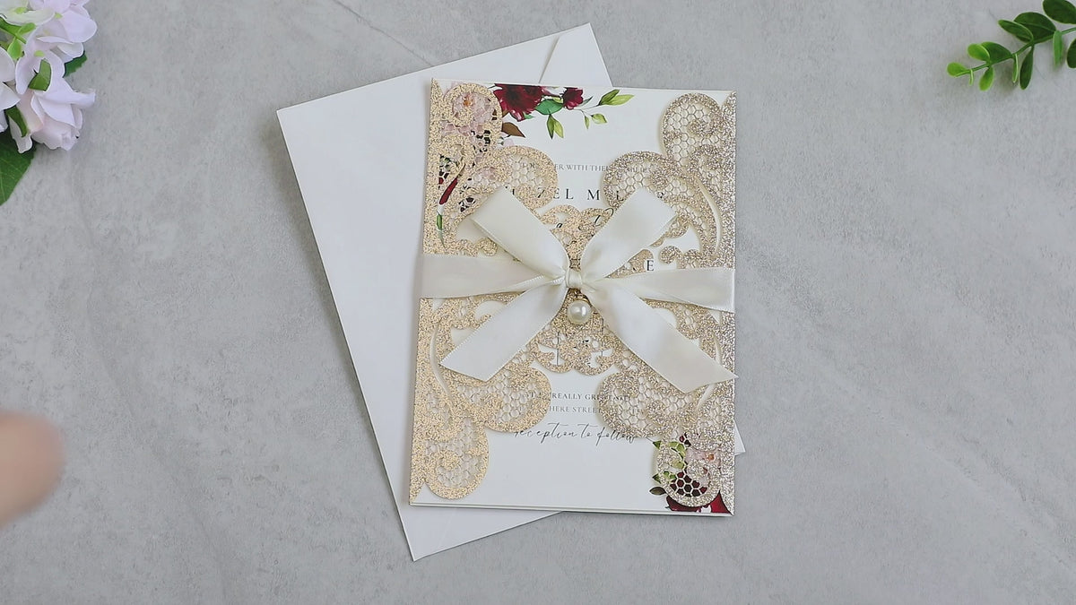 PONATIA 20 PCS Gold Glitter Laser Cut Invitation Cards with Ribbons and Rhinestone Pearls